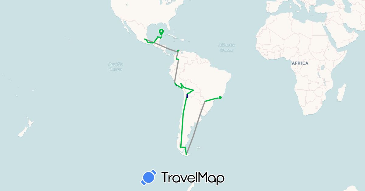 TravelMap itinerary: driving, bus, plane, hiking, boat, hitchhiking in Argentina, Bolivia, Brazil, Chile, Colombia, Mexico, Peru (North America, South America)